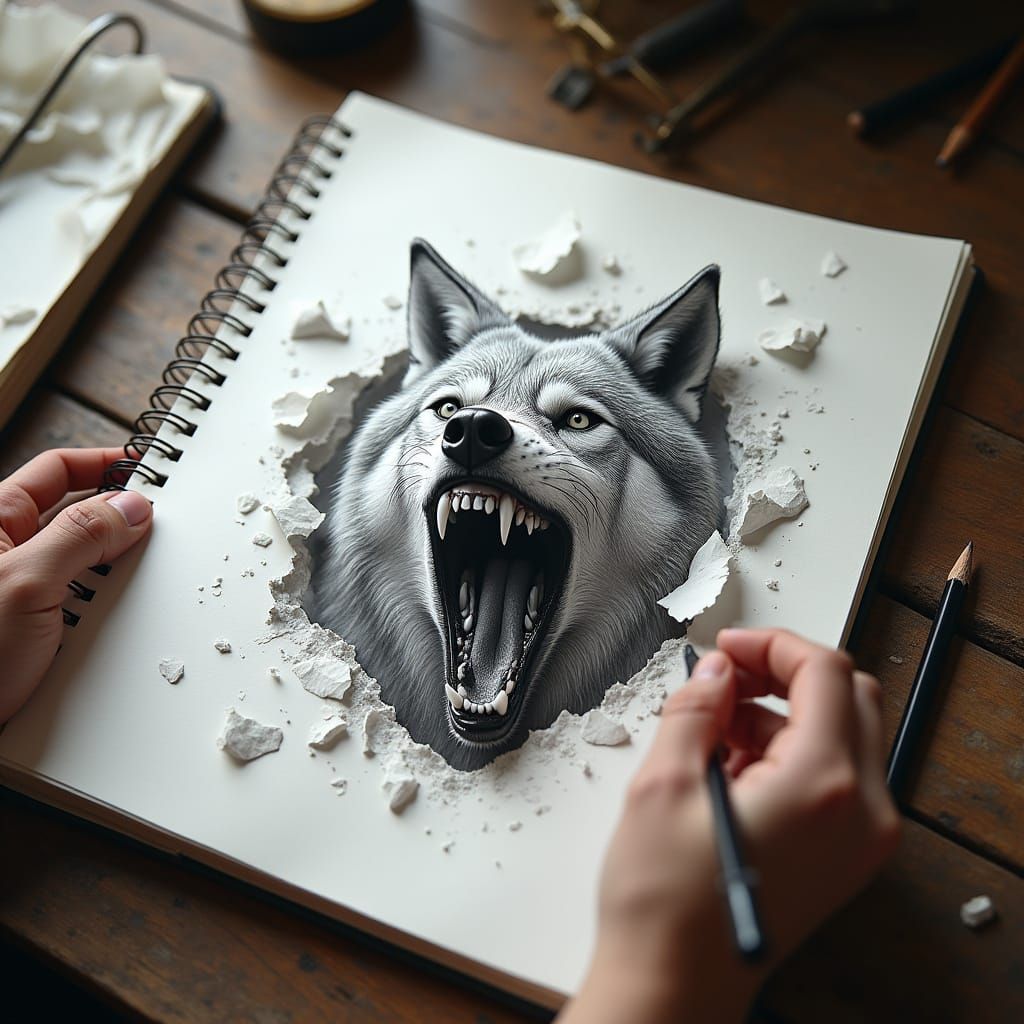 Hyper-Realistic Wolf Emerging From Sketchbook