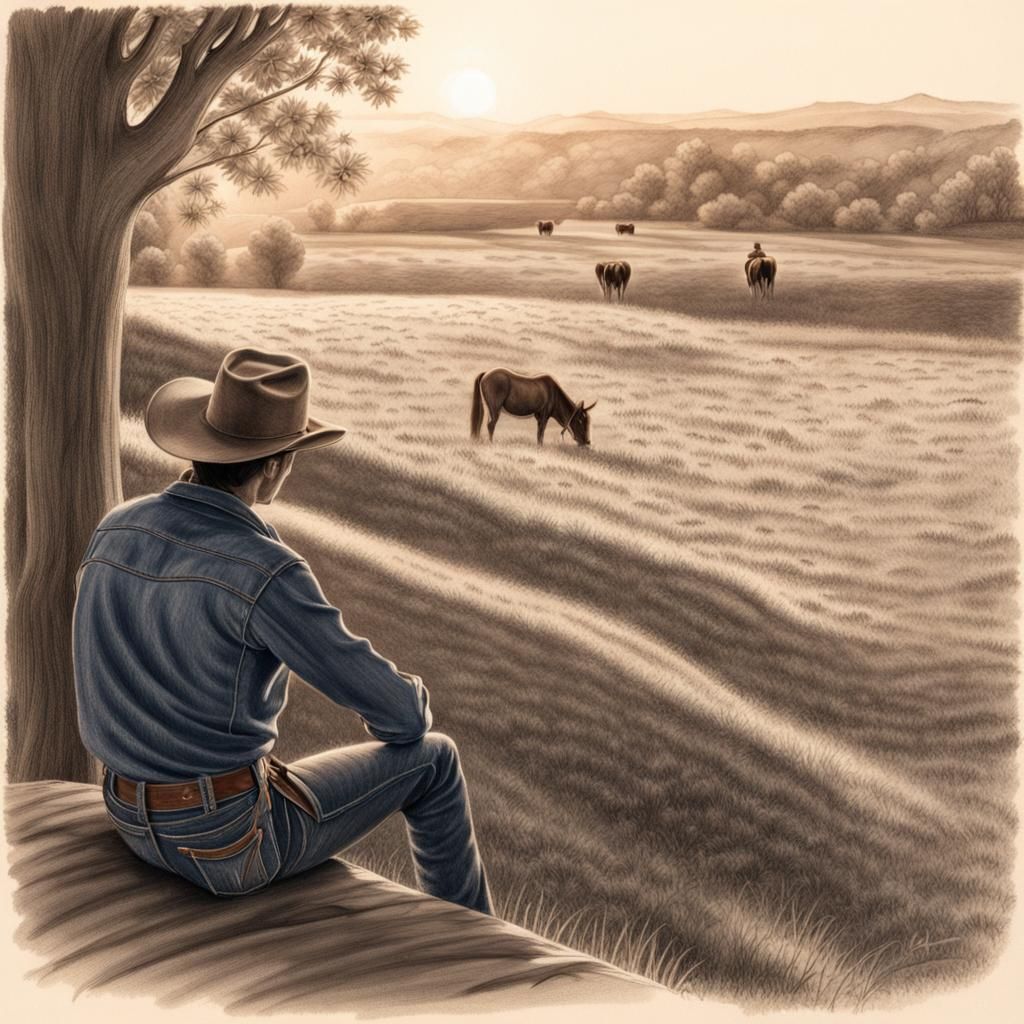 Cowboy on Horseback in Western Landscape Sketch