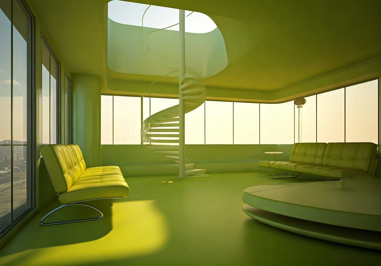 Space Age Bedroom with Spiral Staircase, Retrofuturism Style