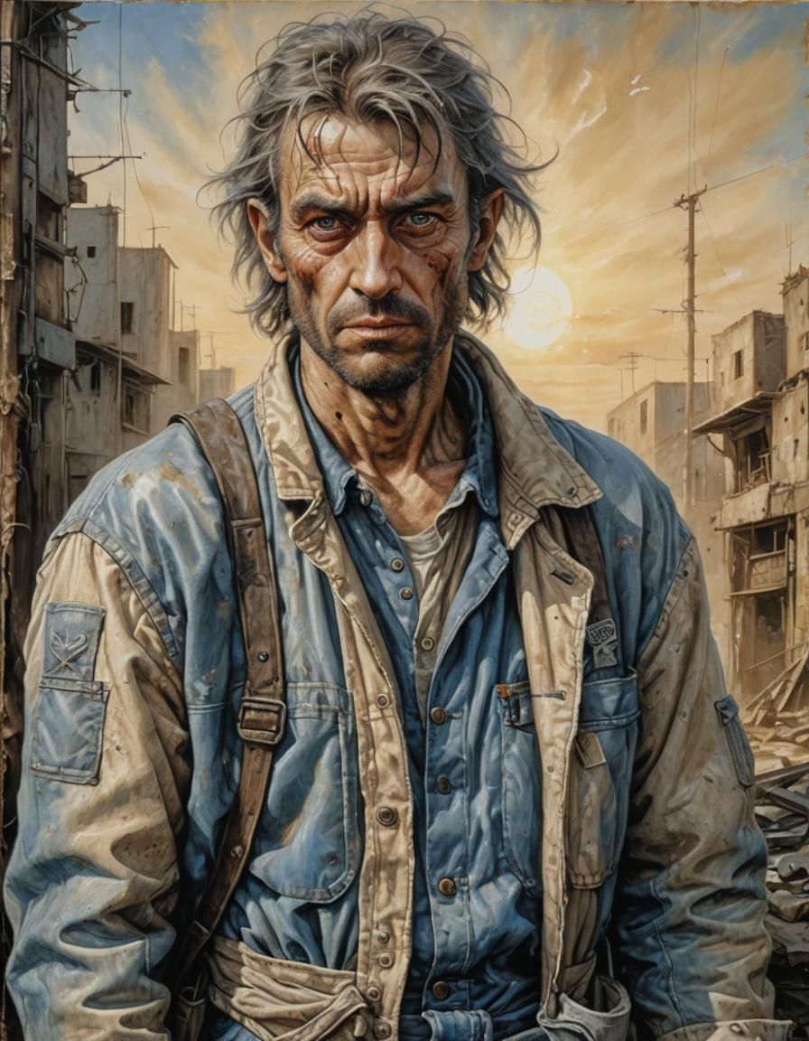 Post-Apocalyptic Peasant Portrait in Acrylic Style
