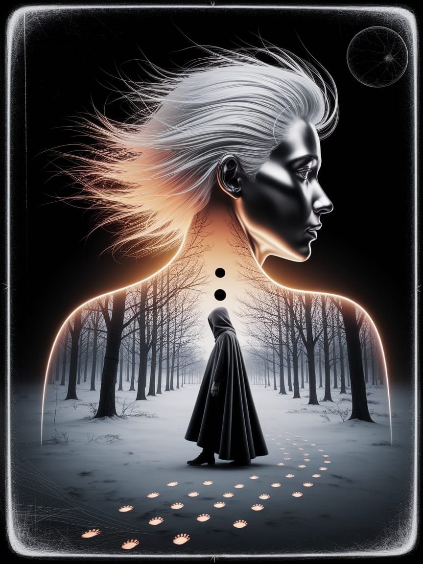 Surreal Metallic Portrait with Winter Forest Double Exposure