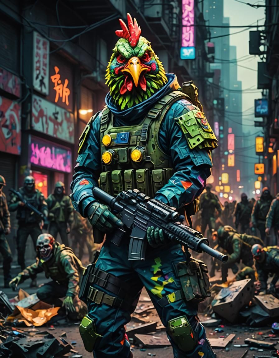 Chicken Soldier Confronts Zombie Horde in Neon City