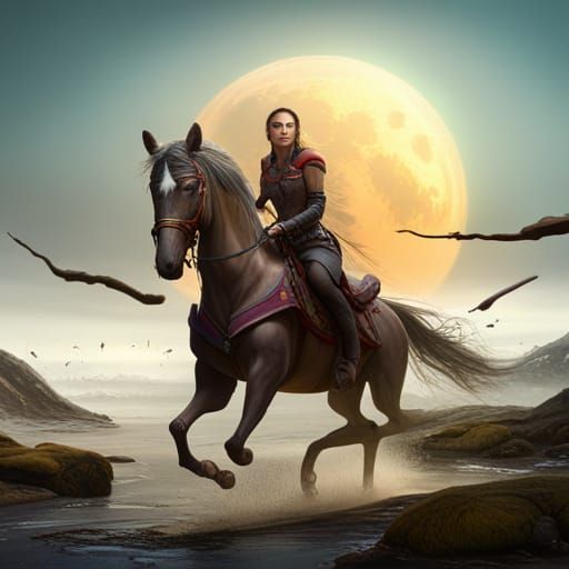 Girl Riding Horse in Detailed Fantasy Landscape