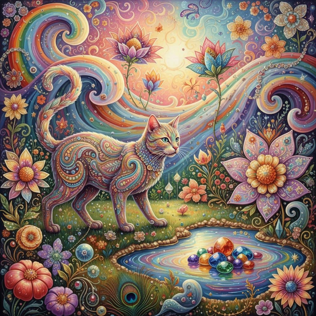 Psychedelic Garden with Prismatic Cat in Visionary Art Style