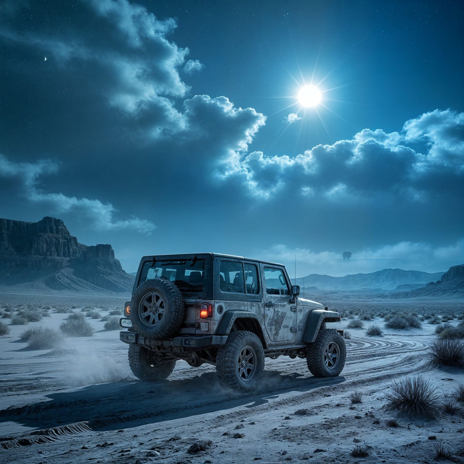 Jeep Trekking Through Desert Under Moody Moonlight