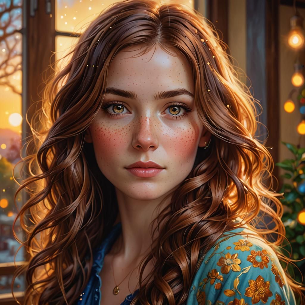 Hyperrealistic Portrait of Freckled Woman with Bokeh