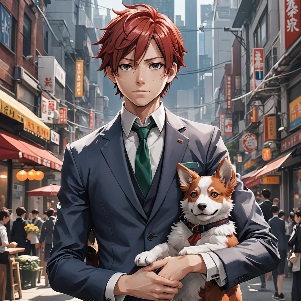 Anime Character in Suit with Dog: 3D Render