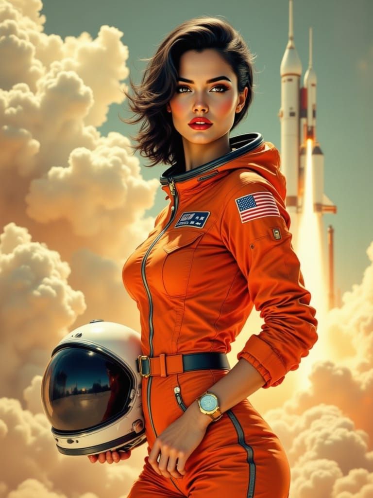 Vintage Sci-Fi Astronaut in Orange Space Suit, Rocket Launch...