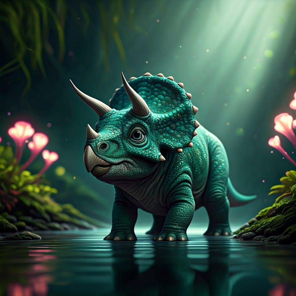 Emerald Triceratops in Glassy Water, Fantasy Art