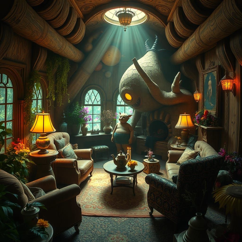 Surreal Anthropomorphic Living Room with Fairy Lights