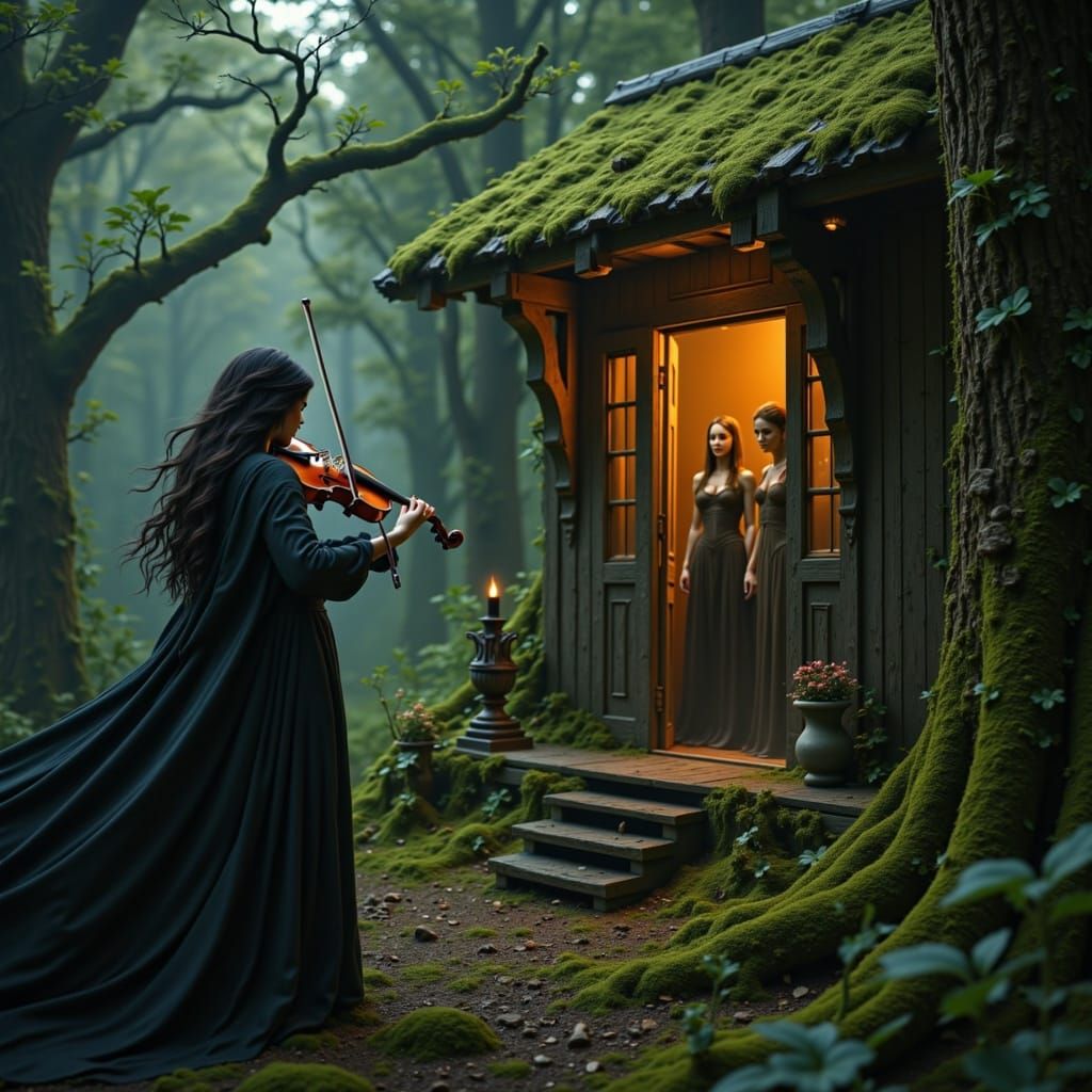 Mysterious Violinist in Ancient Forest Cabin