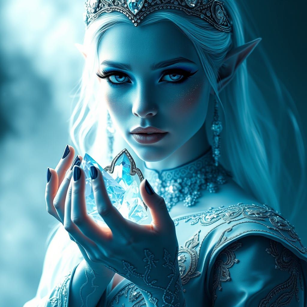 Ethereal Blue-Fire Elf Woman in Regal Splendor
