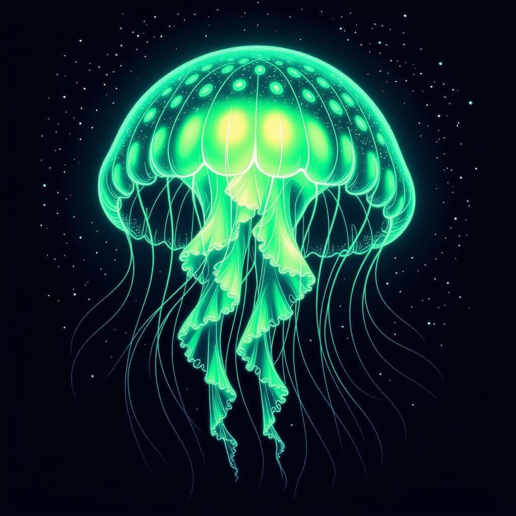 Bioluminescent Jellyfish with Neon Glow: Line Art Illustrati...