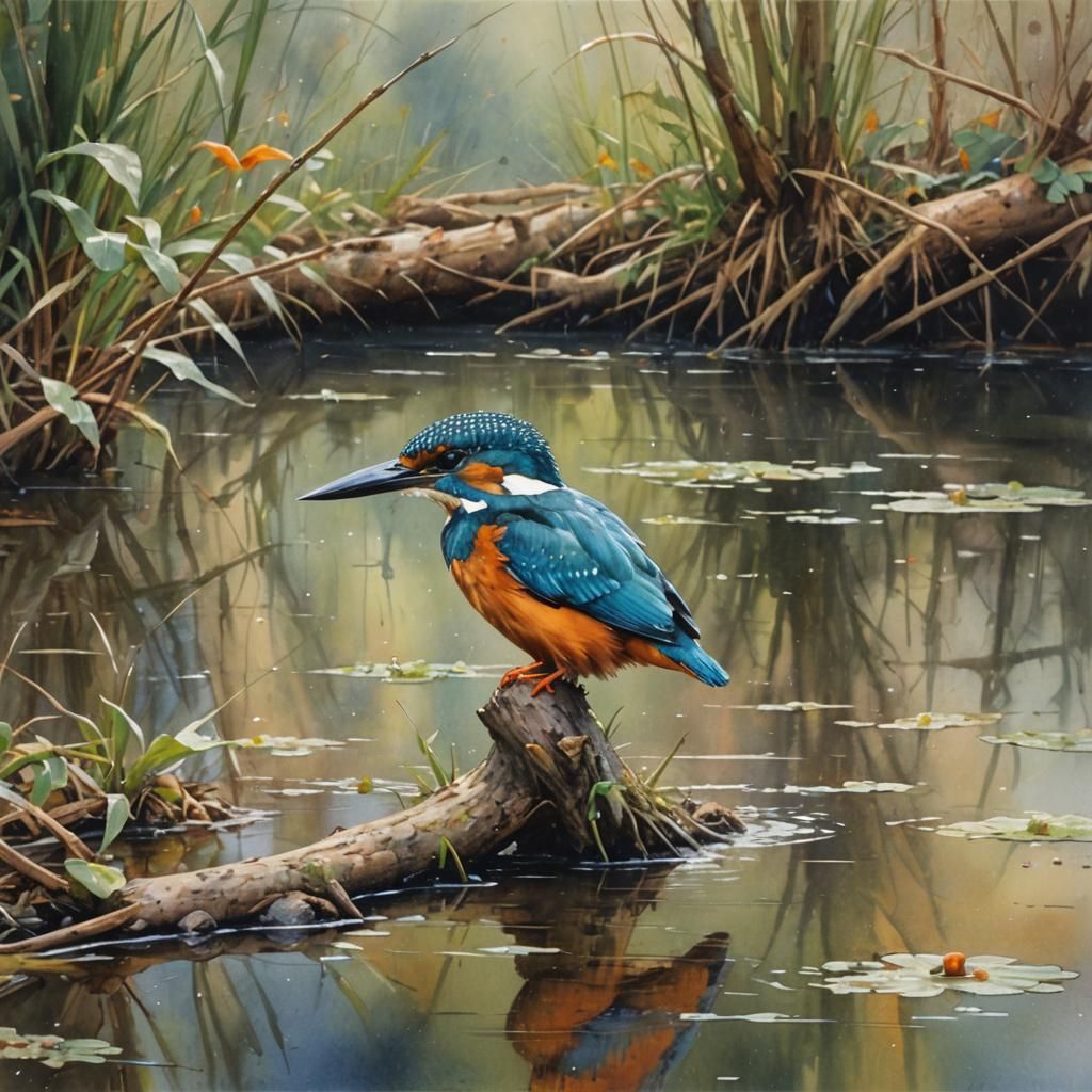Kingfisher on Riverbank in Watercolor Style