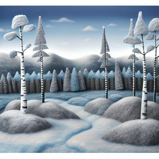 Surreal Felted Winter Forest with Soft Blue Hues