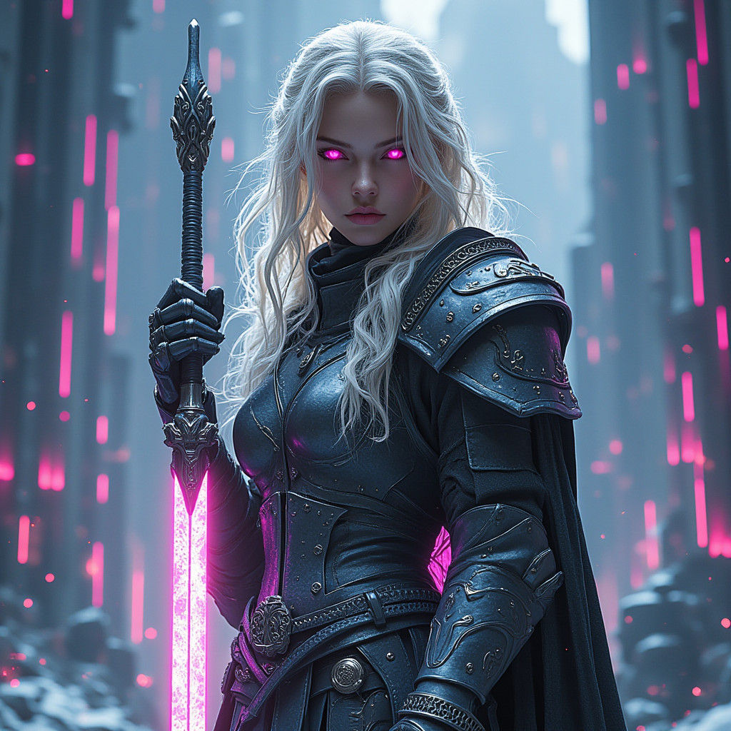 Cyberpunk Valkyrie in Neon Norse Cityscape