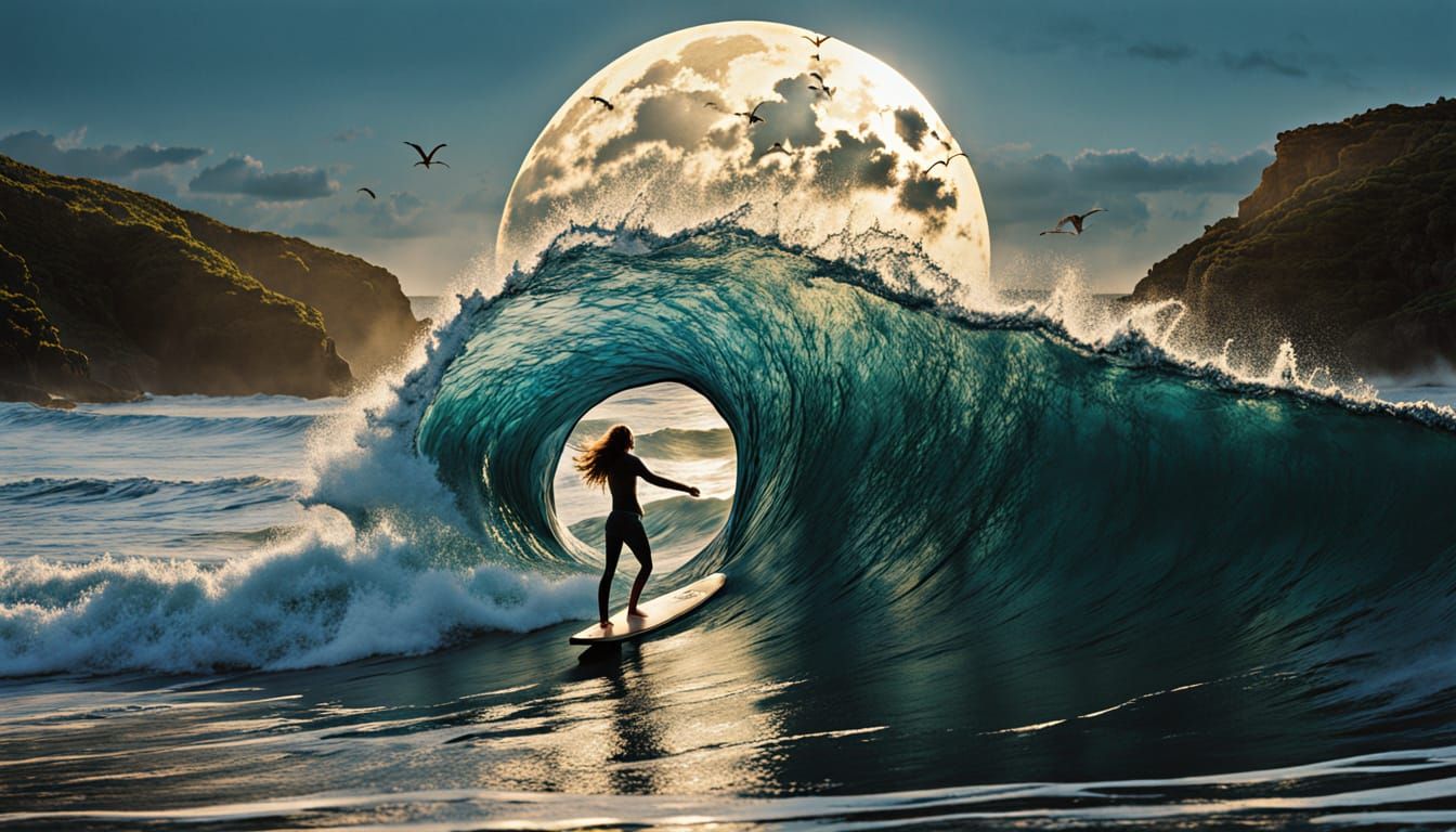 Surreal Moonlit Surfing Goddess in a Labyrinthine Collage
