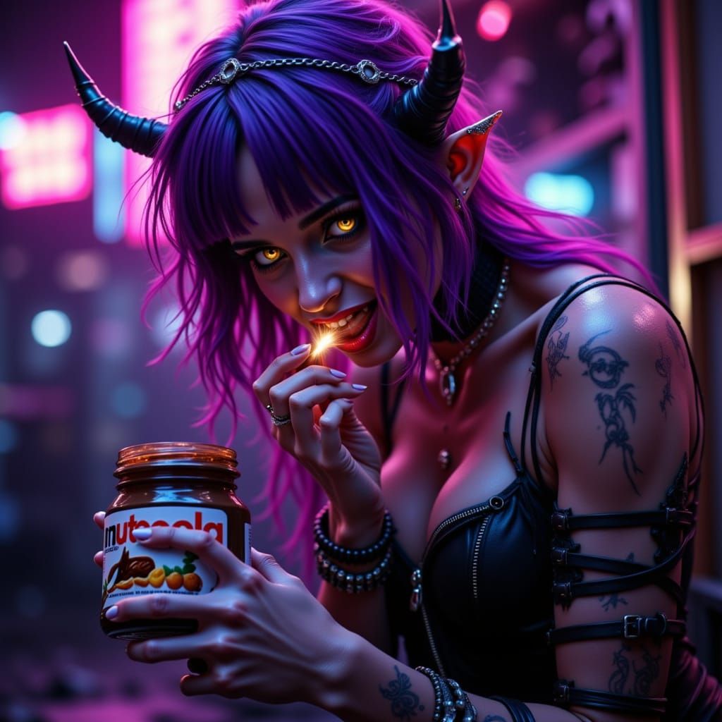 Punk Devil Woman Licking Nutella in Neon Light
