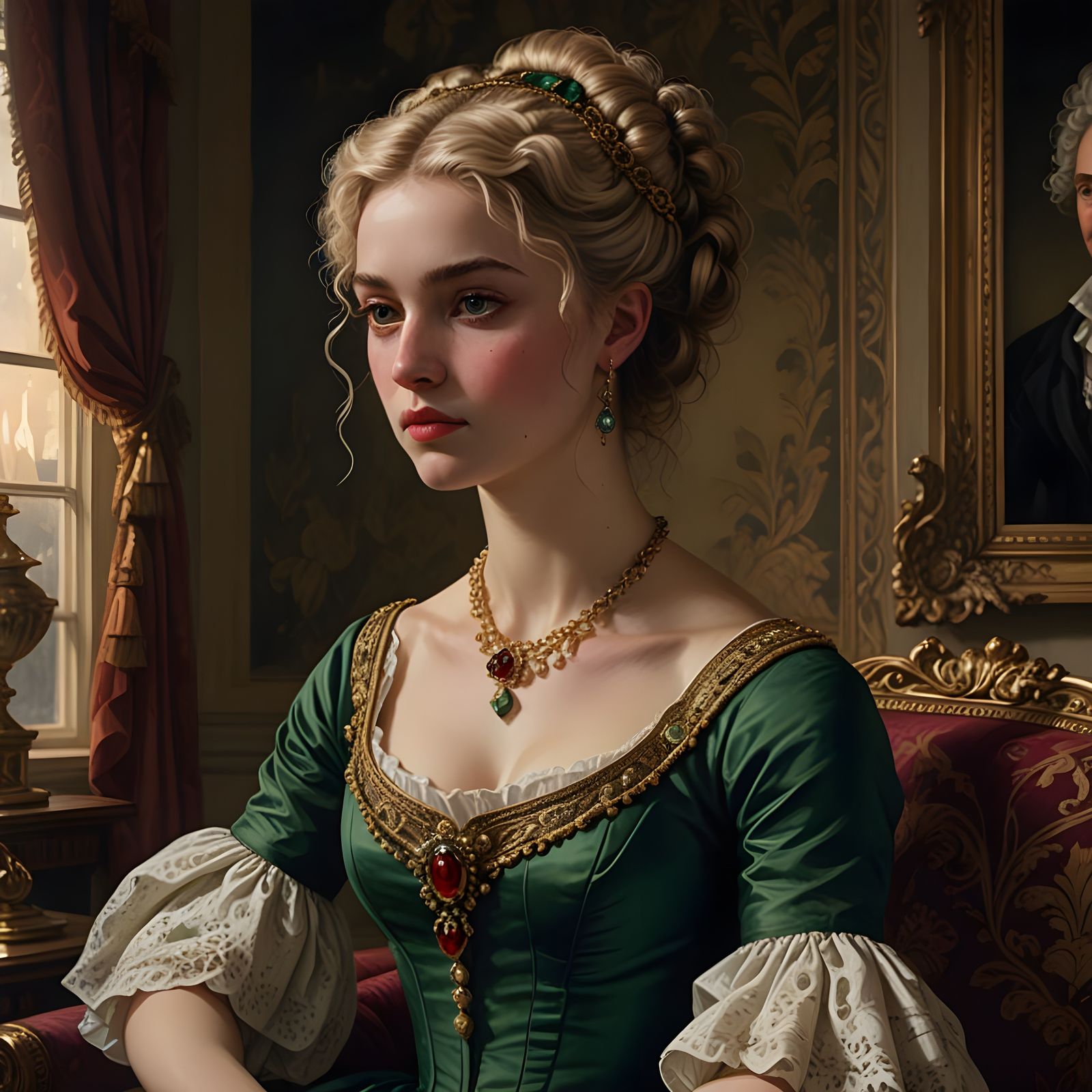Regency-Era Woman in Emerald Green Empire-Waist Dress