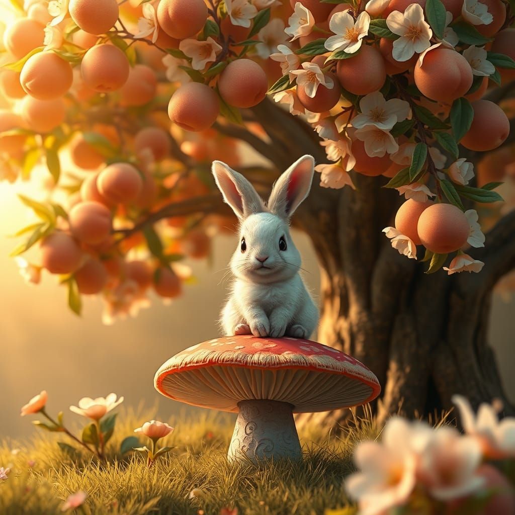 Whimsical Bunny on Mushroom Under Peach Tree