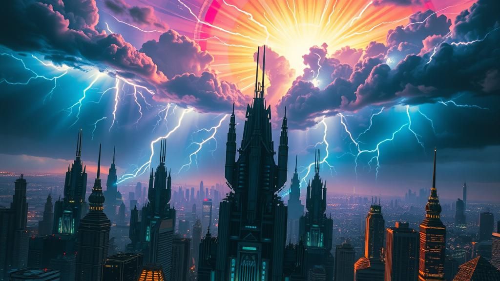 Dystopian Machine World with Electric Storm, Photorealistic