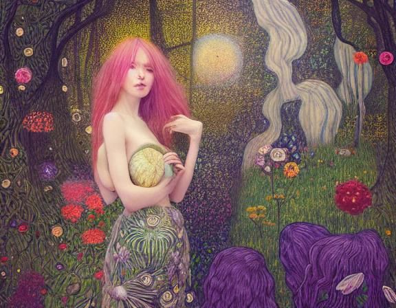 Sunset Woman in Magical Forest, Klimt Style