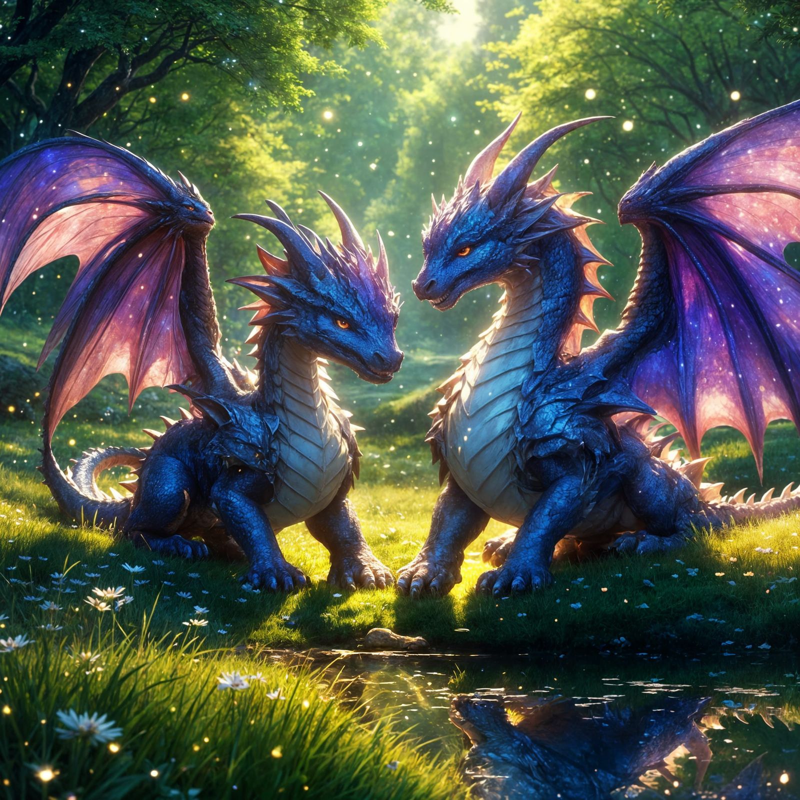 Two Happy Dragons in Starry Anime Landscape