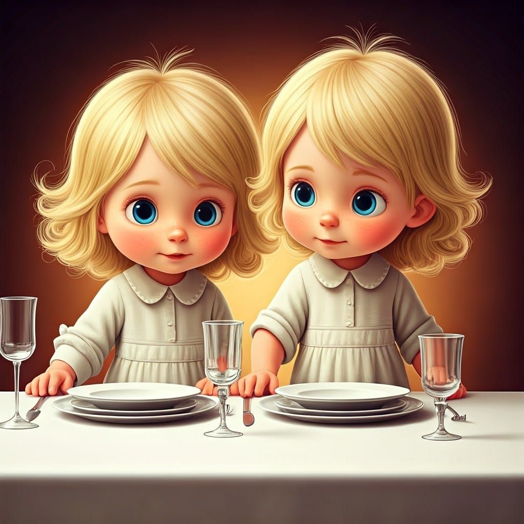 ילד וילדה תאומים מתוקים וחמודים בני 3 בלונדינים עם שיער גולש ארוך ורך עם עיניים בגוון עמוק של תכלת מסדרים את השולחן לסעו...