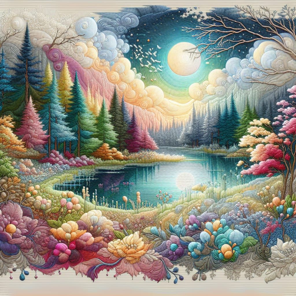 Pastel Forest Lake in 3D Embroidery Style