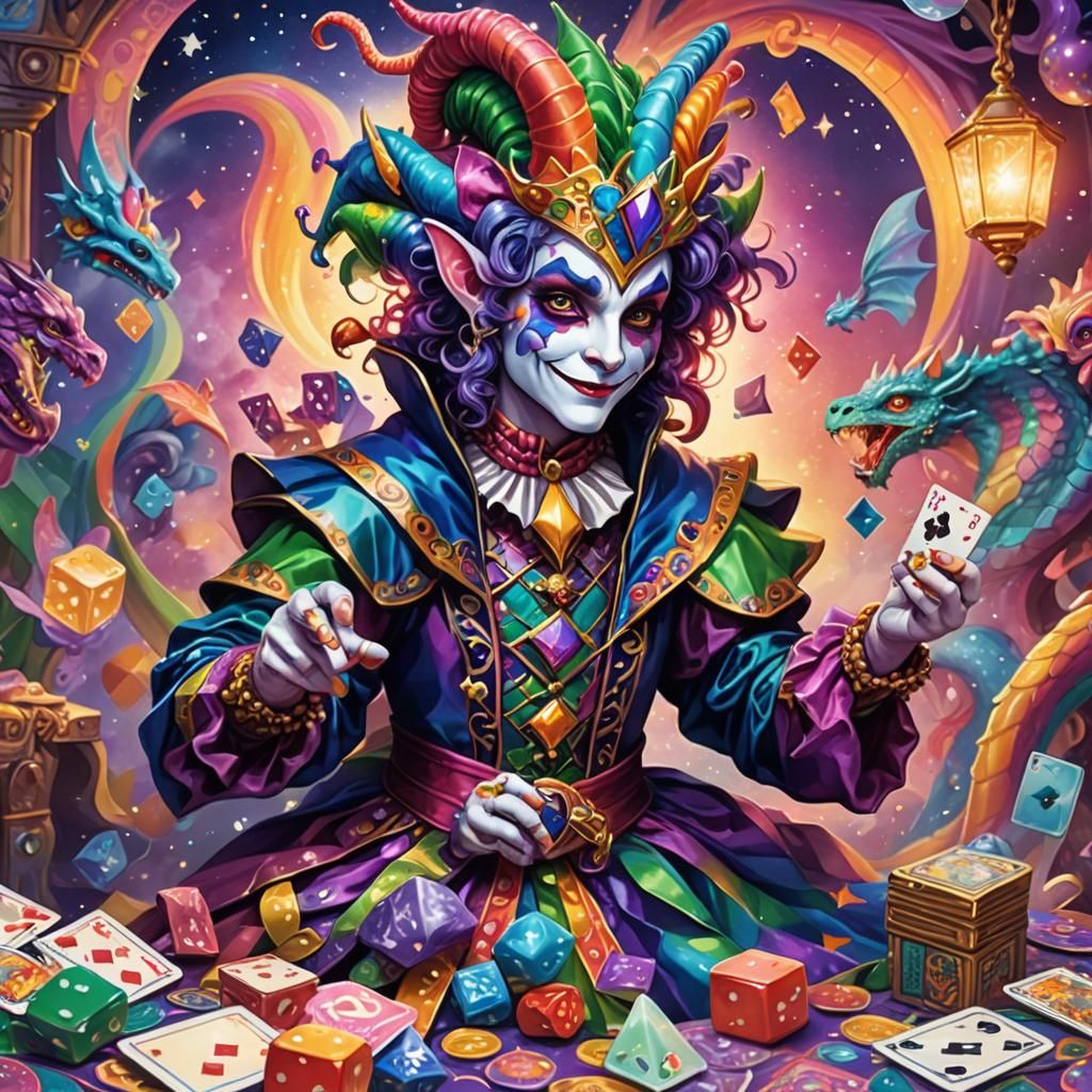 Jester and Dragon with Dice in Tarot Style