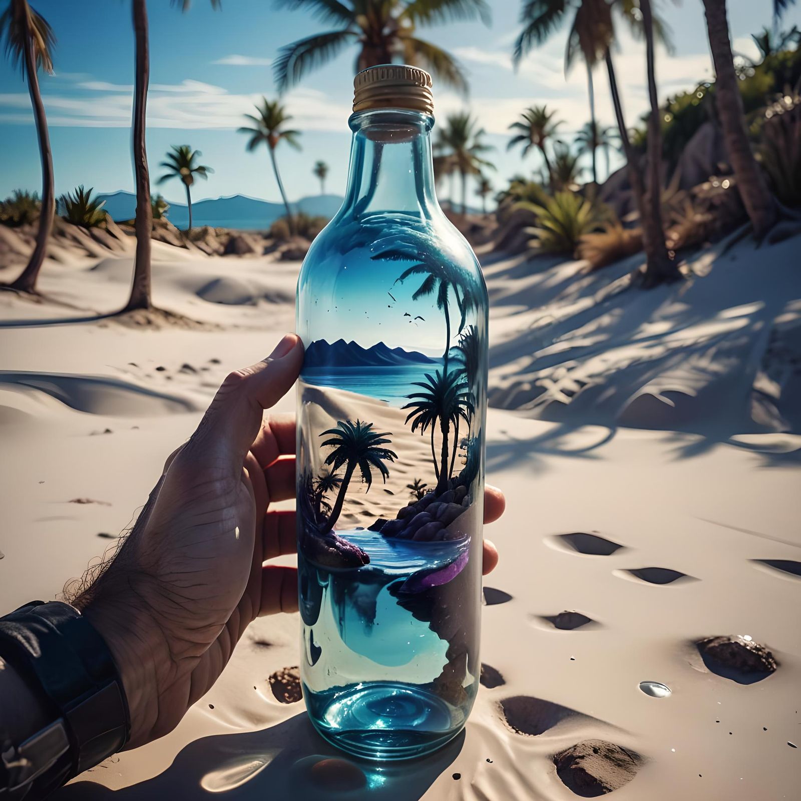 Alien Hand Holding Desert Island in Bottle