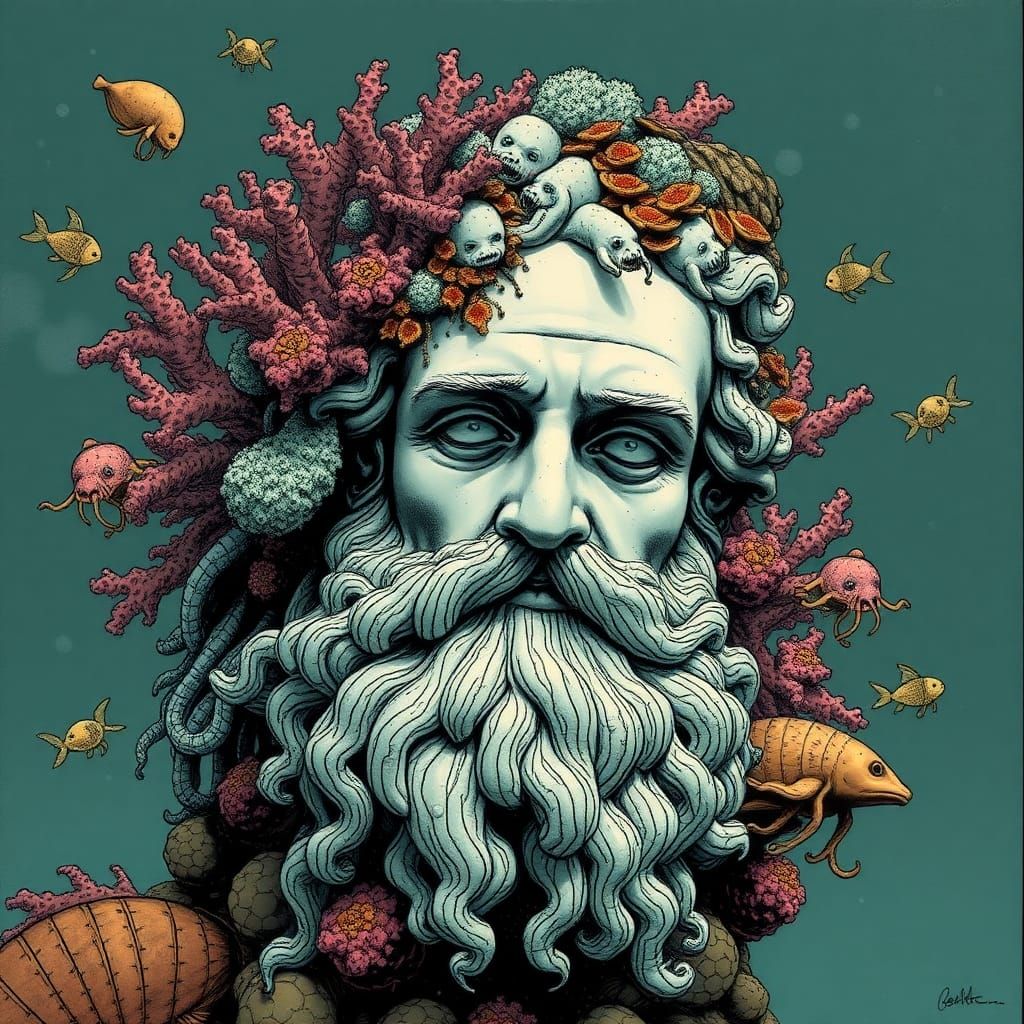 Coral-Covered Poseidon Statue in Graphic Novel Style