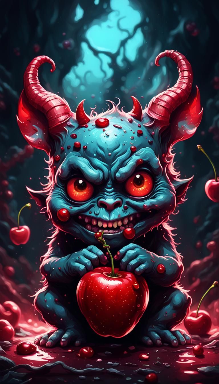 Adorable Cherry Devil in Dark Digital Art