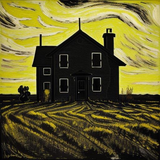 Surreal Black House in a Vibrant Yellow Landscape