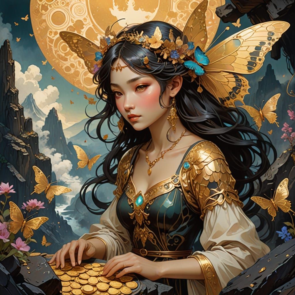 Fairy Counting Gold Coins by Volcano in Fantasy Style