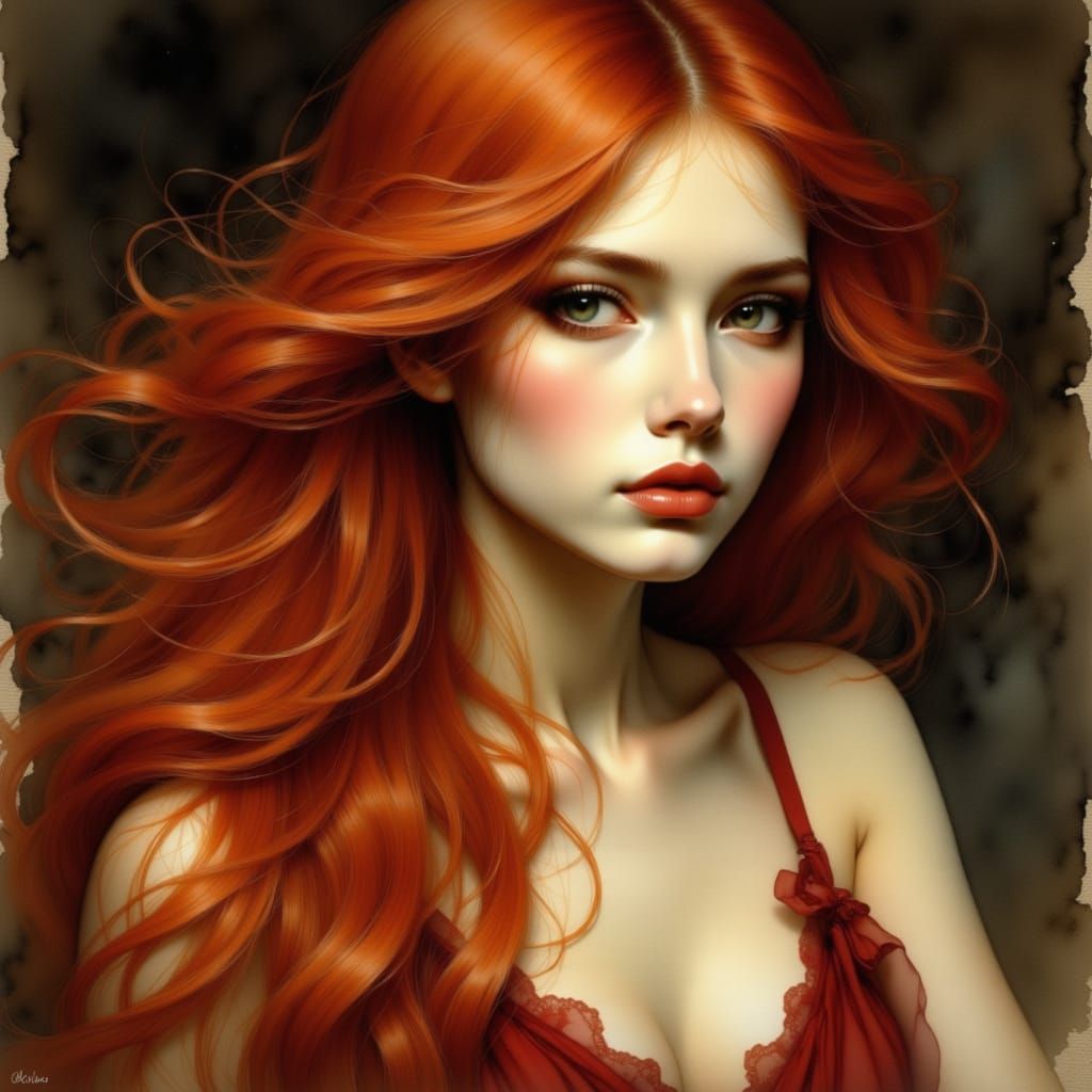 Stylish Femme Fatale With Red Hair in Vintage Tones
