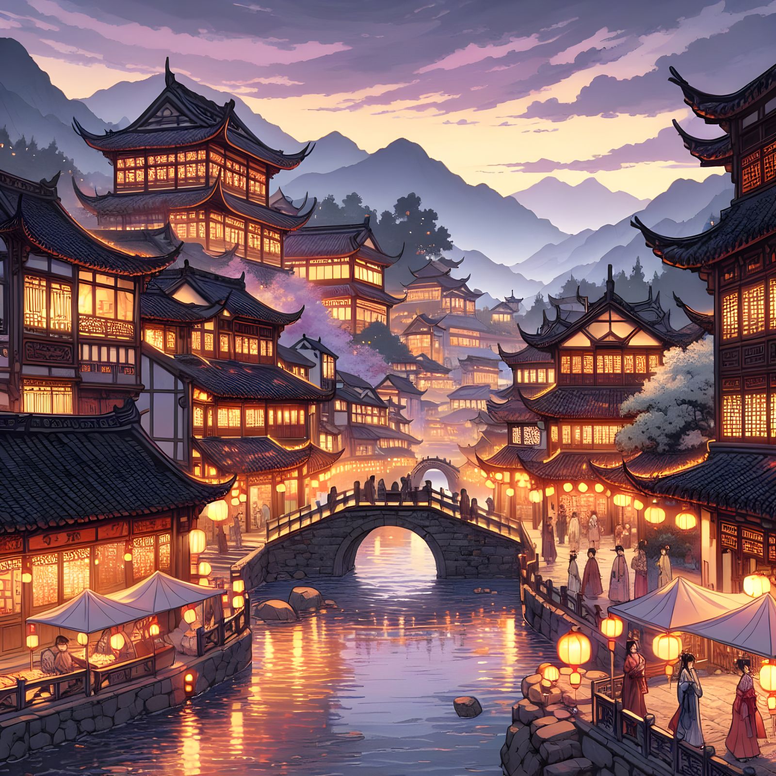 Anime-Style Chinese City at Twilight with Traditional Archit...