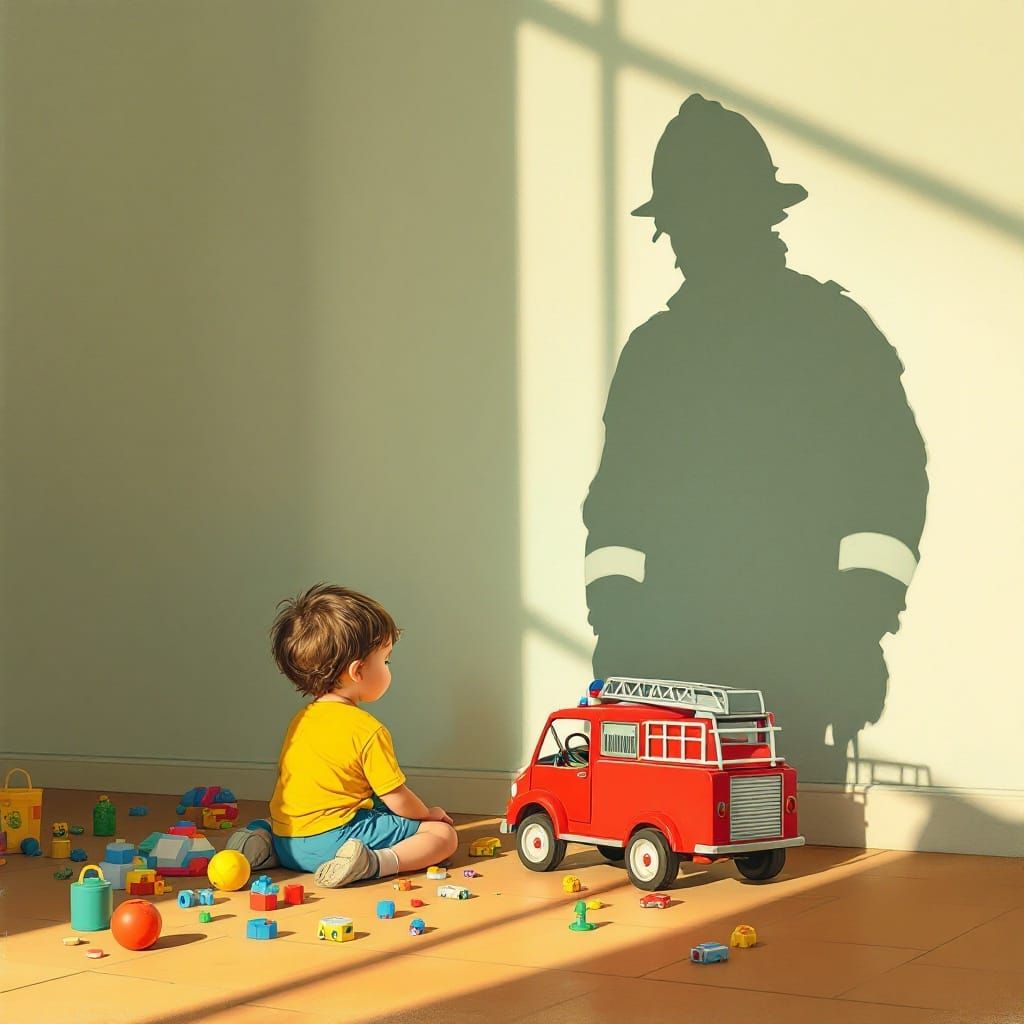 A Young Child Plays with a Toy Firetruck, Surrounded by a He...