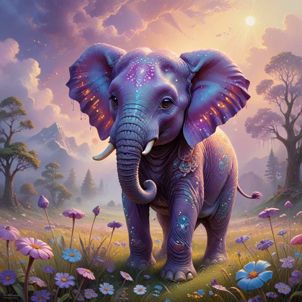 Psychedelic Fantasy Elephant in Whimsical Oil Painting Style