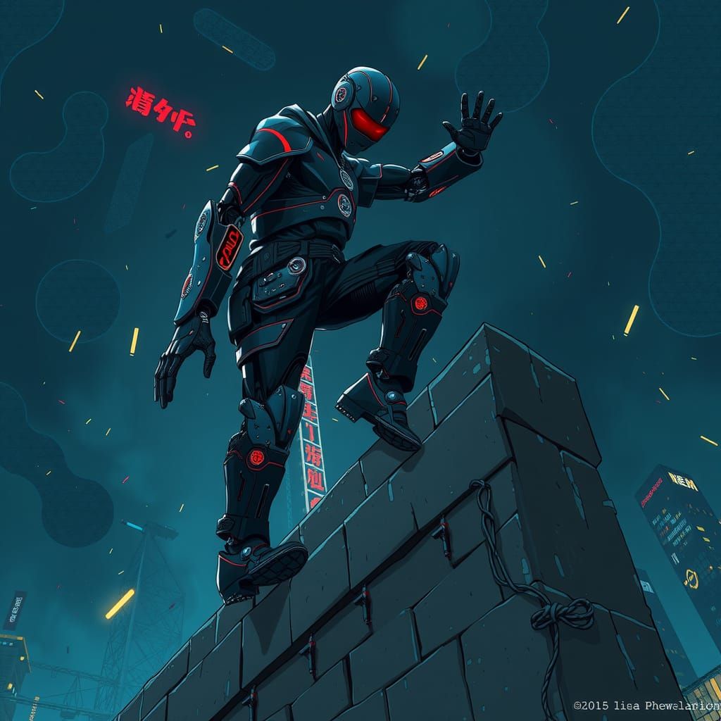 Cyborg  humano saltando sobre un muro