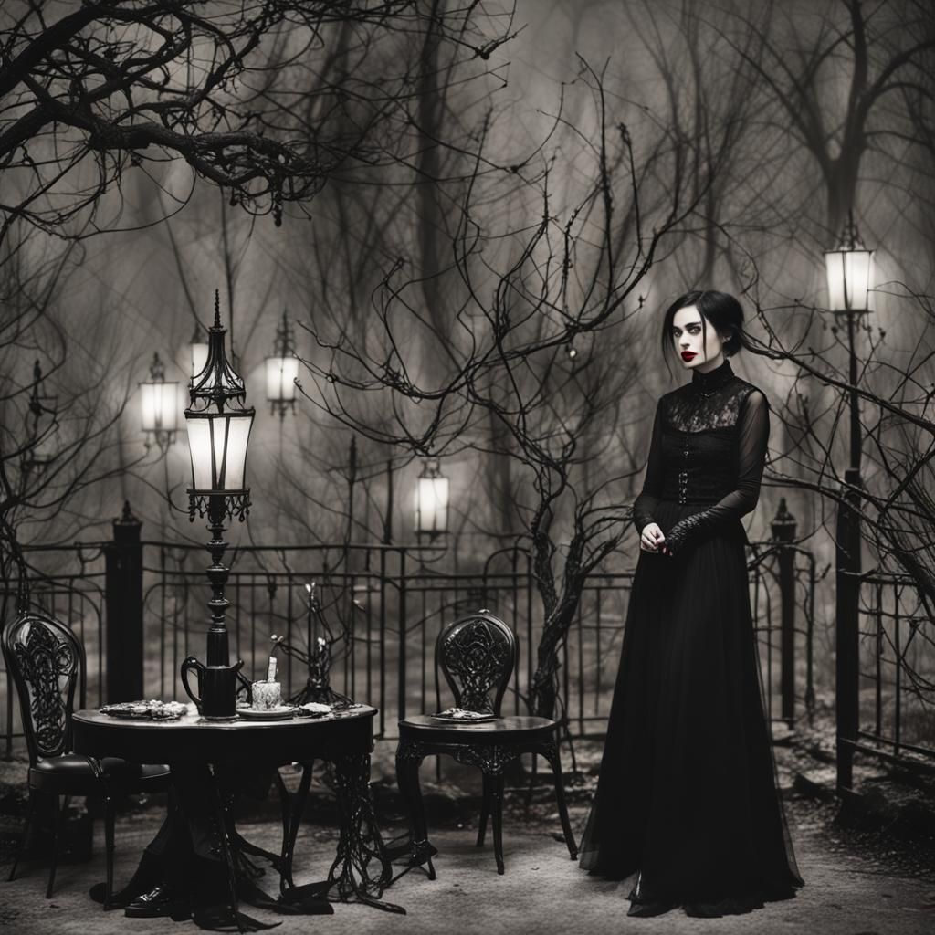 Gothic Model in Victorian Coffee Shop, Monochrome Photograph...