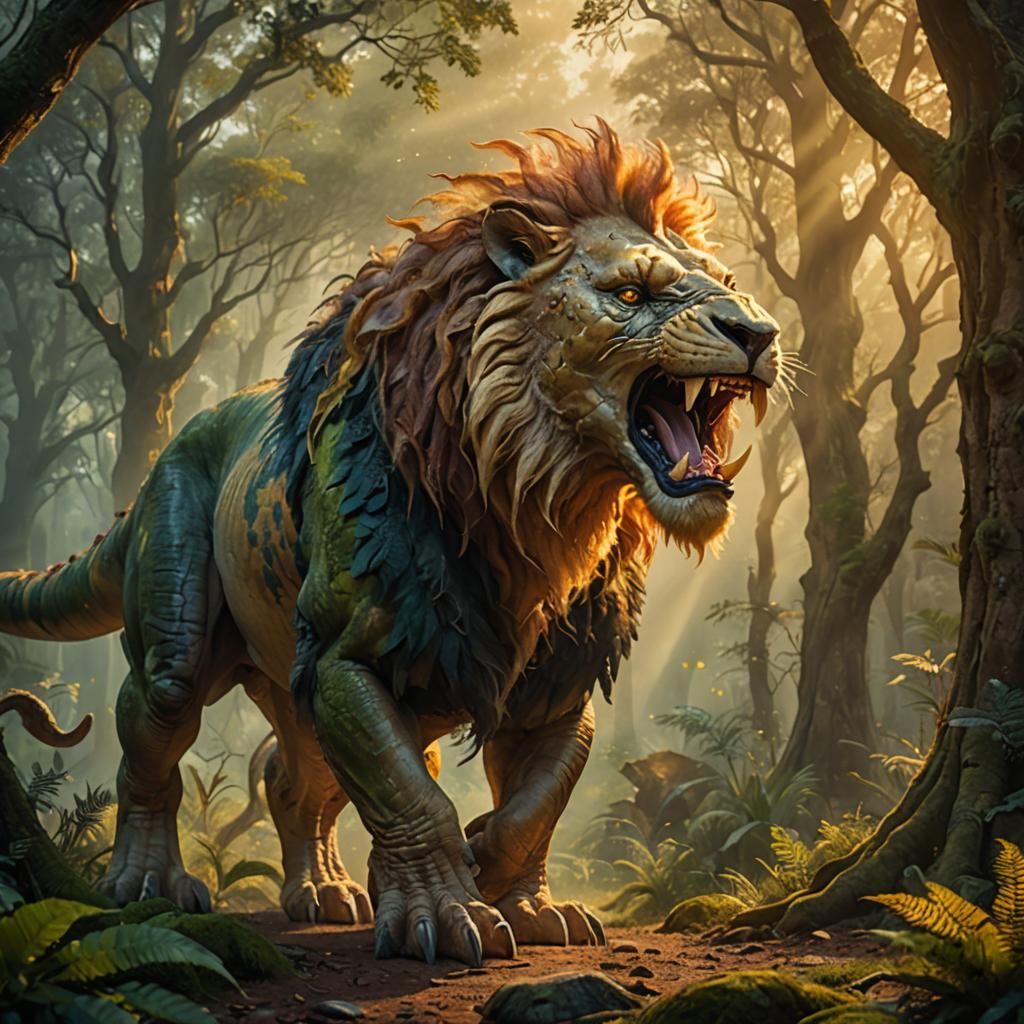 Lion-headed Dinosaur Roaring in Misty Dawn Forest