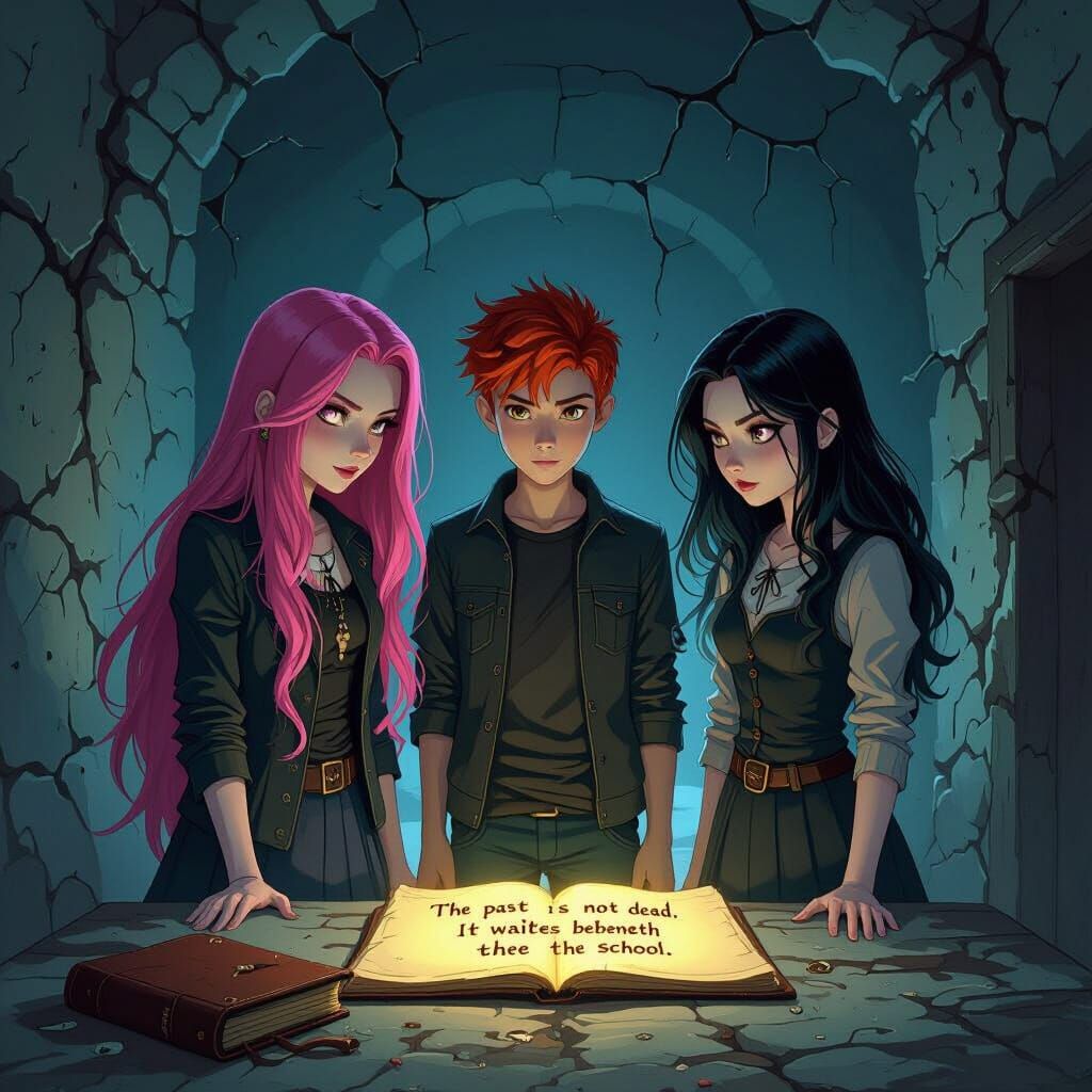 Dark Fantasy Scene with Eerie Journal and Glowing Ink