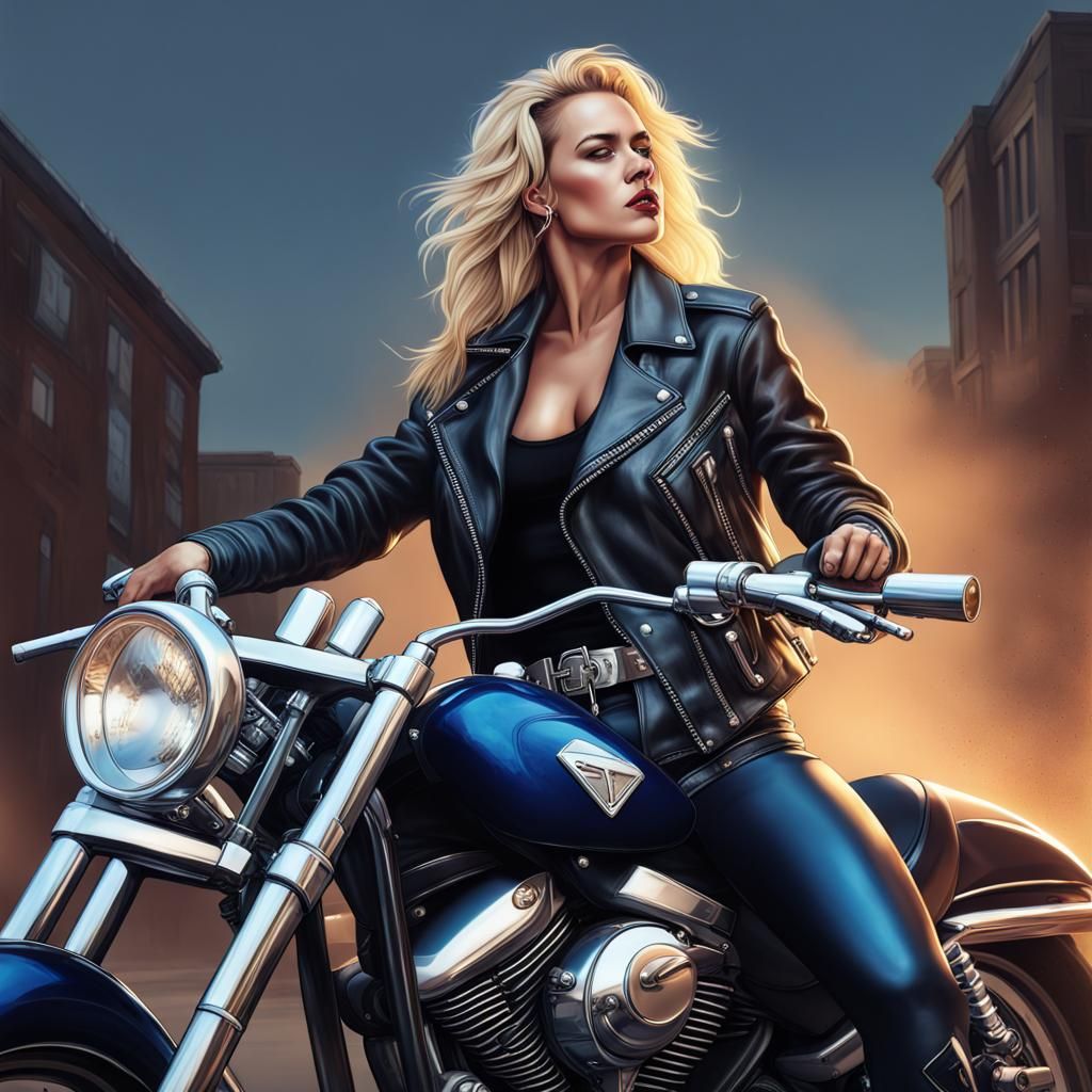 Blonde Woman on Motorcycle in Hyperrealistic Style