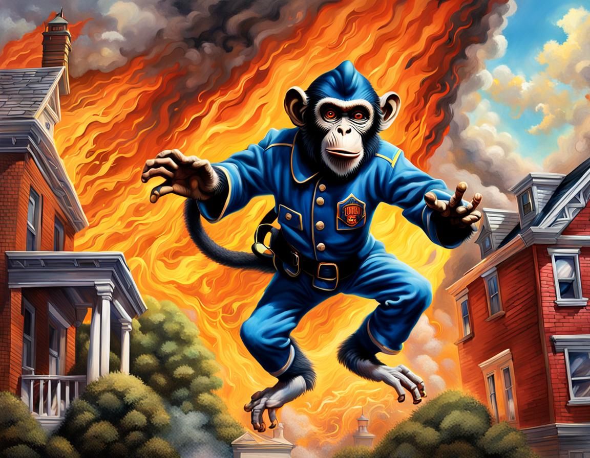Flying Monkey Firefighter in Hyperrealistic Splash Art
