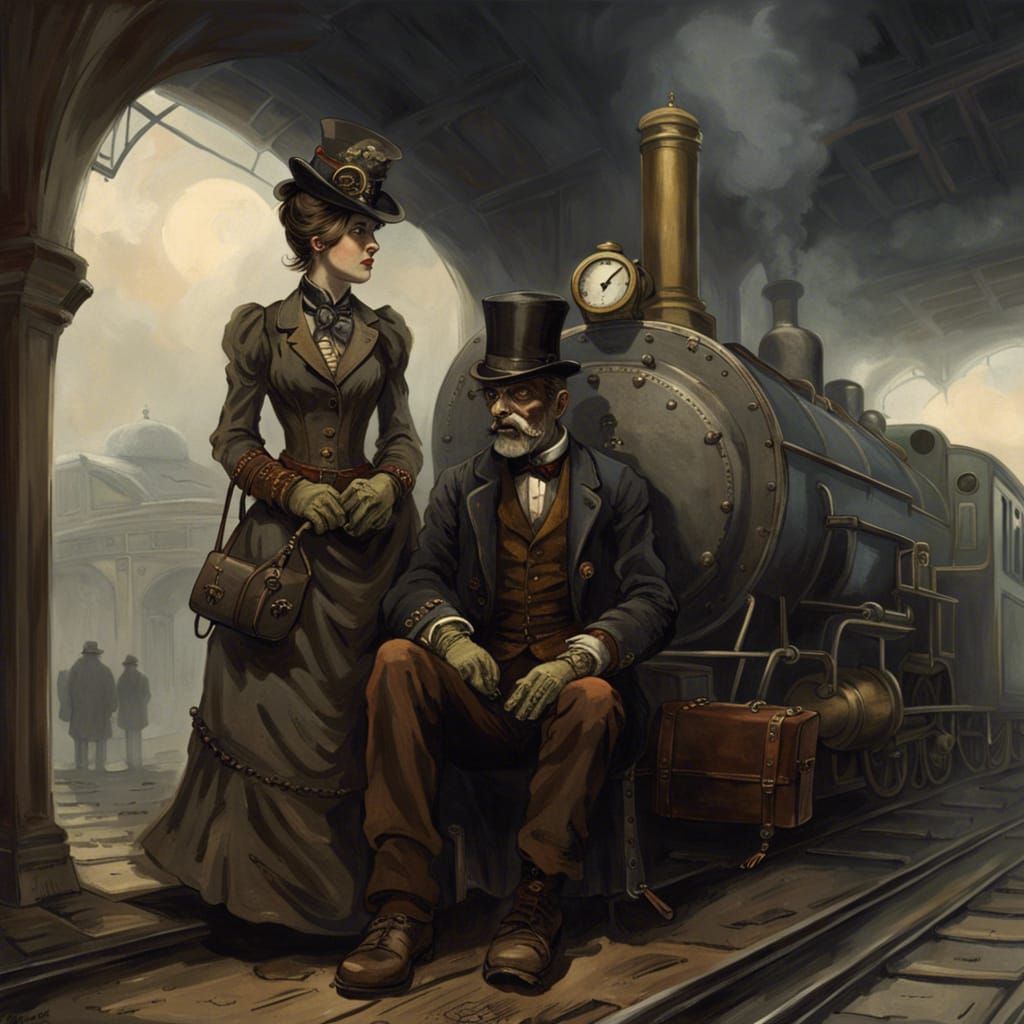 Steampunk Couple Awaits Train: Doré-Inspired Horror