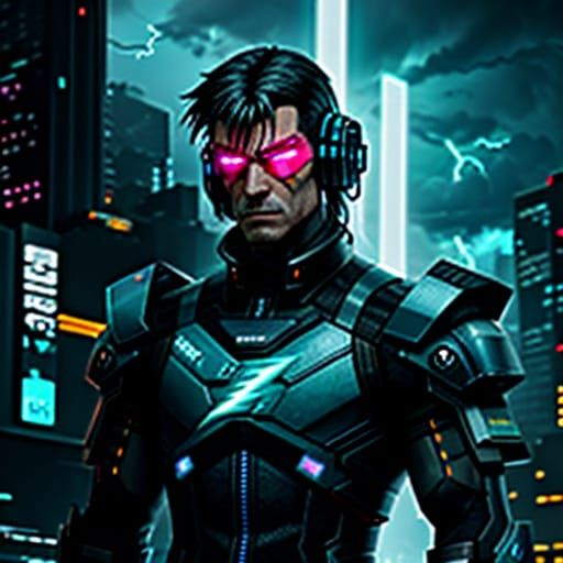 Cyberpunk Figure Reboots in Stormy Neon City