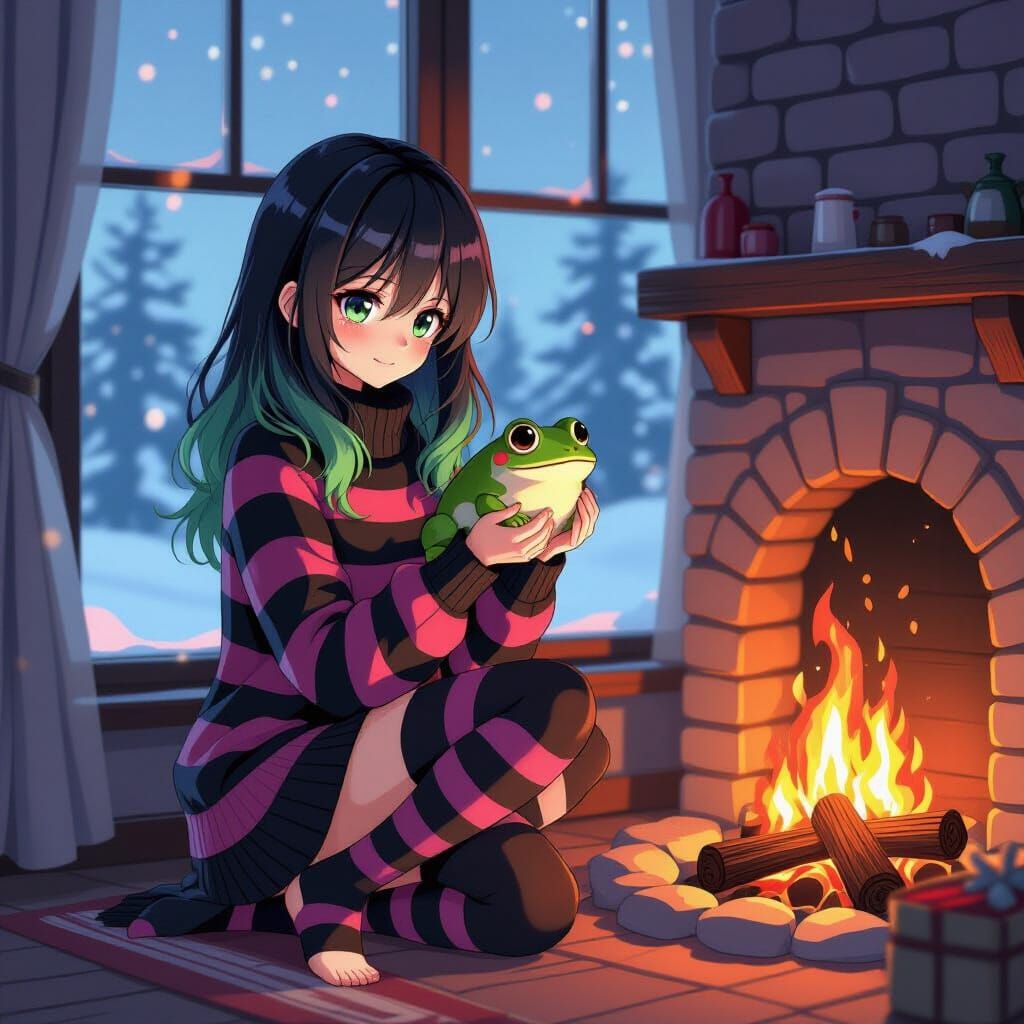 Emo Woman with Frog by Fireplace, Anime Style
