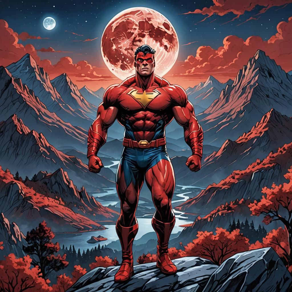 Muscular Superhero in a Dramatic Landscape