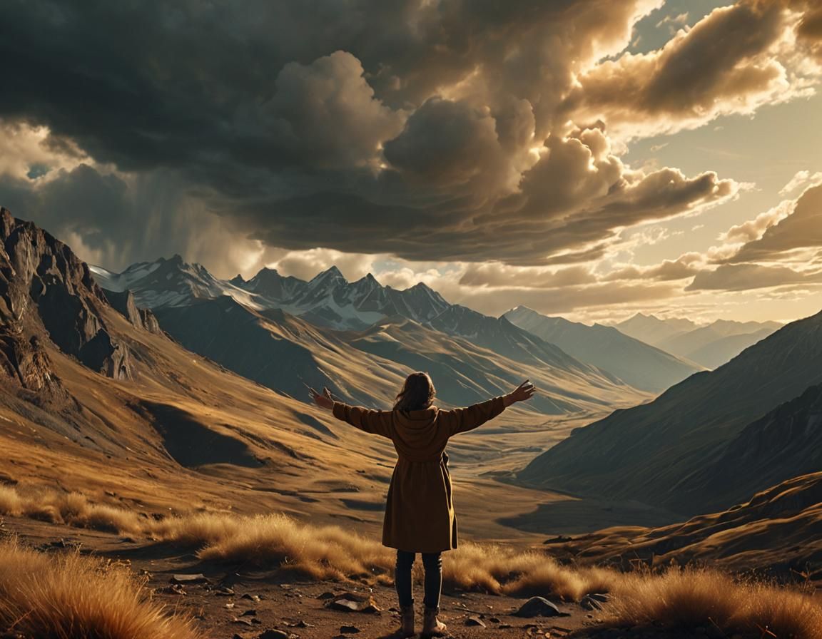 Woman in Mountains: A Cinematic Scene of Faith